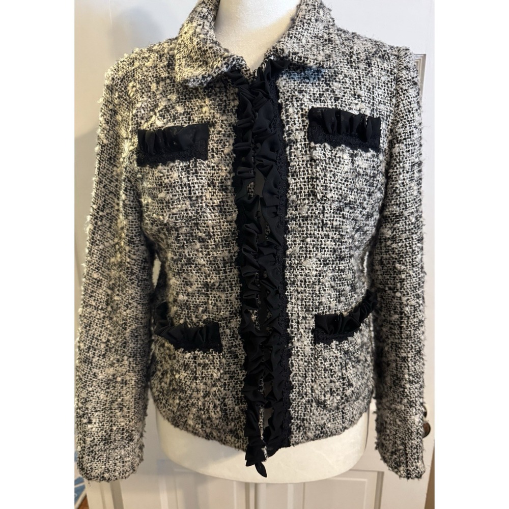 DStudio Wool Blend Tweed Blazer Sz 12 Vintage Cottage Core Ruffles Lined